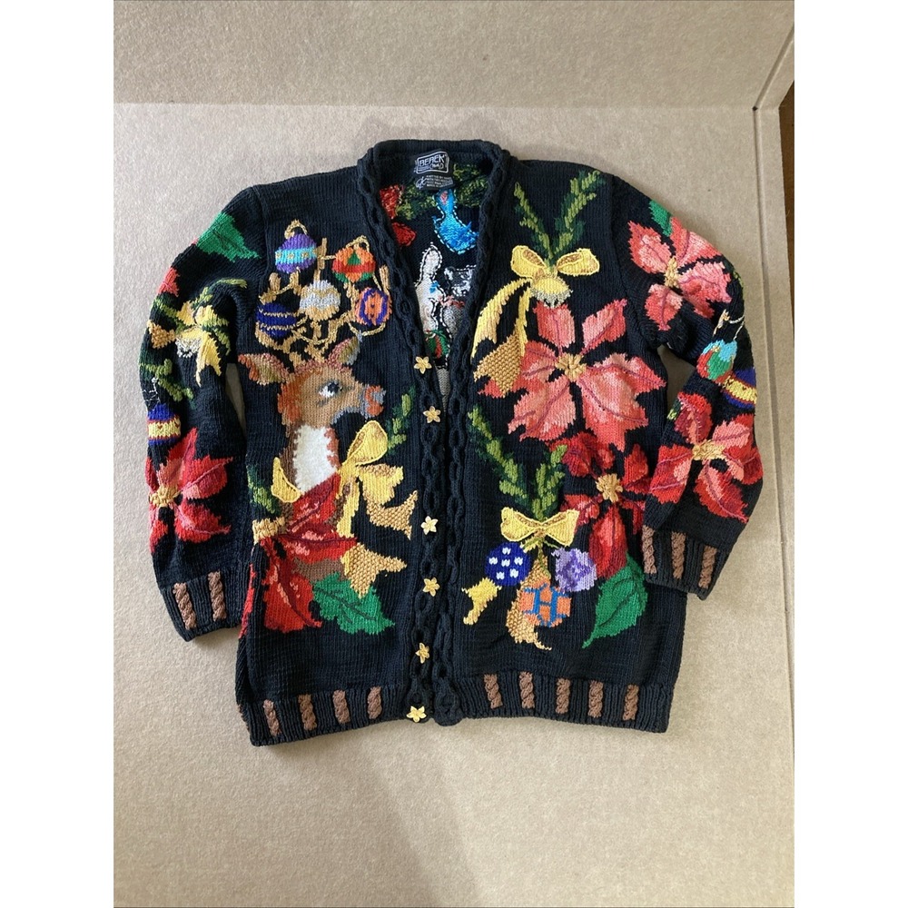 VTG Berek Marta D Hand-Knit Christmas Cardigan Reindeer Sweater Poinsettias Bla - Picture 2 of 9